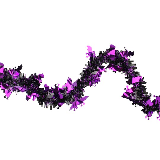 50ft. Black &#x26; Purple Bats Halloween Tinsel Garland